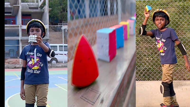 10 year old boy Sarang with rubiks cube and roller skating