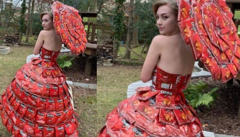 woman made beautiful frock by using recycled chips packets