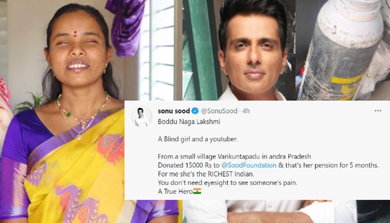 Blind Telugu Woman donates 5 months Pension to Sonusood foundation CRA