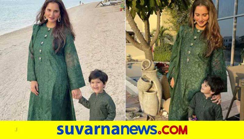 Indian Tennis Star Sania Mirza And Izhaan Mirza Malik Shines In Green Ethnic Suits kvn