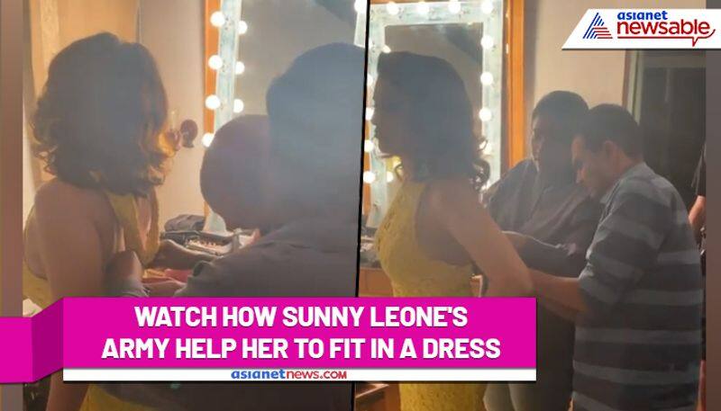 Sunny Leone's team struggle to zip up her gown; Watch Viral Video - gps