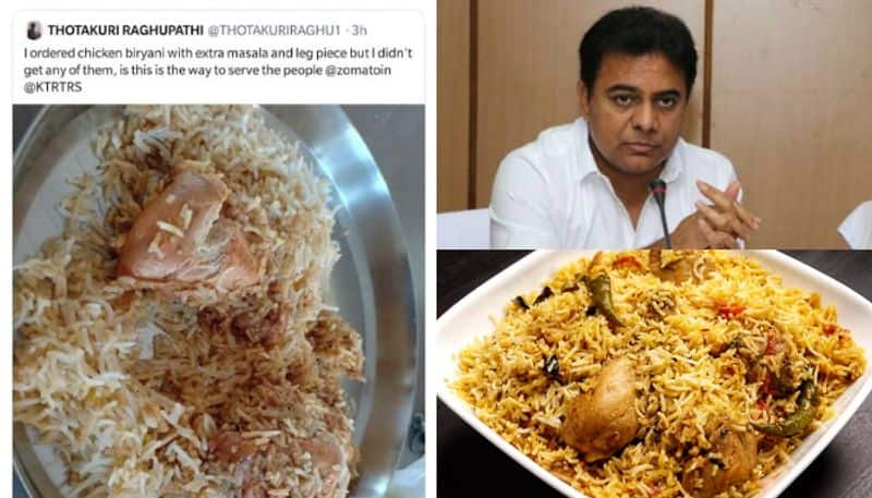 Telangana minister KTR replies to a tweet which claims missing leg piece and extra masala in biriyani