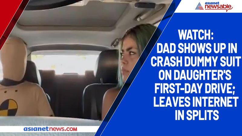 Watch Dad shows up in crash dummy suit on daughter's first-day drive; leaves internet in splits-tgy