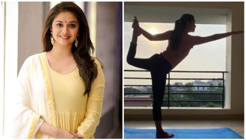 Keerthy Suresh does Vrikshasana and Natarajasana to keep the tensions away