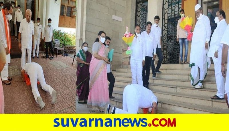 Basavakalyan Newly Elected BJP MLA Fall On Feet Of CM BSY at Bengaluru rbj