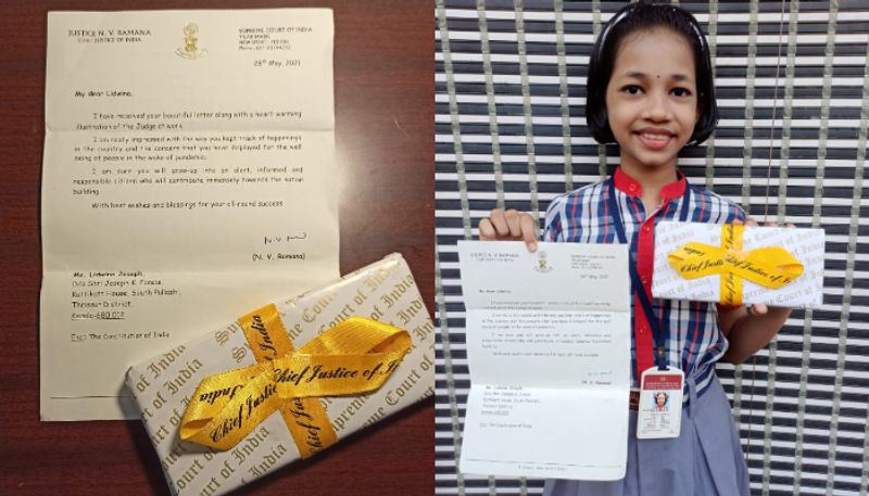 5 year old  malayali student ludwina joseph thinks like dream to receive chief justice N V Ramanas letter and gift