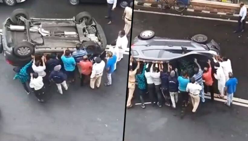 Mumbaikars come together, helped overturned an SUV back on its wheels; Watch Video