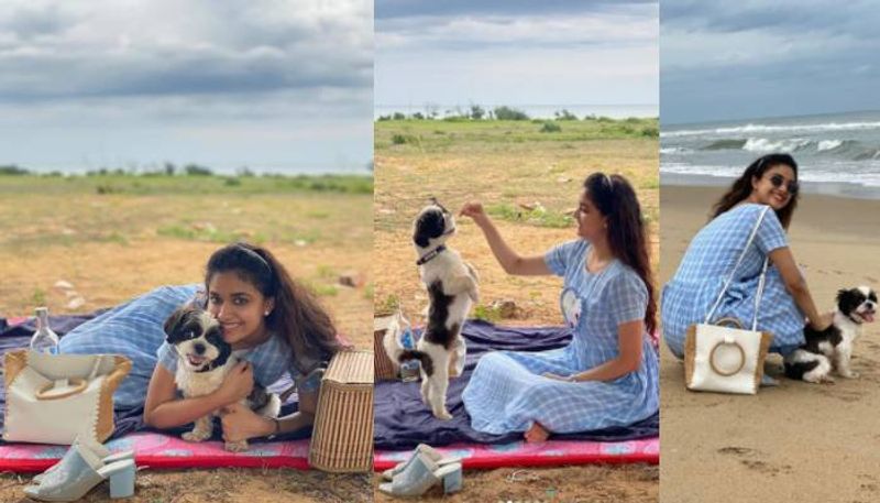 keerthi suresh shares beach picnic photo with pet nyke