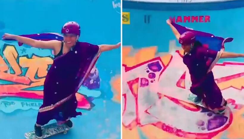 46 year old woman wearing saree showcases her cool skating moves; watch inspiring video