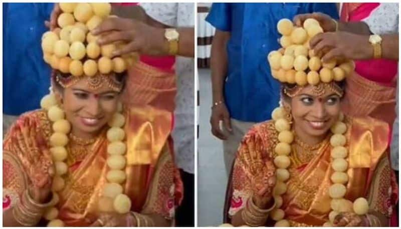 Desi bride wears crown and garland made of panipuri