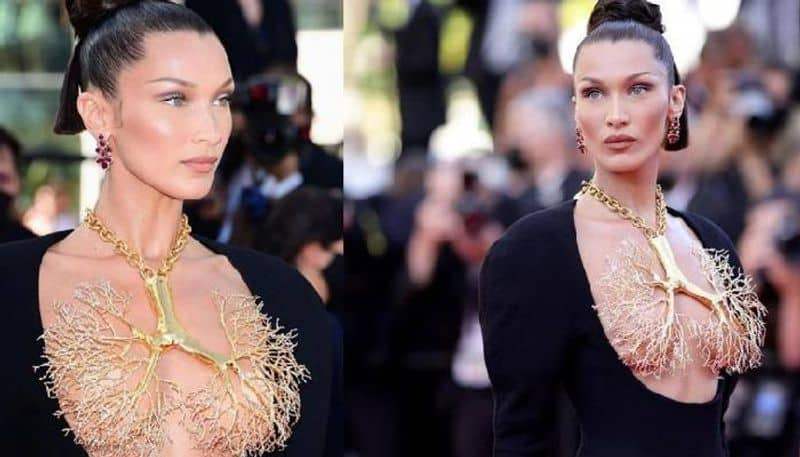 Bella Hadid sports statement lung necklace