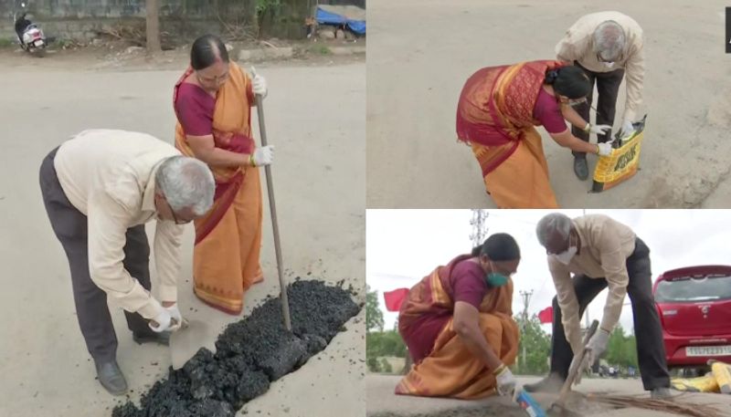 old couple spend their pension amount to clear potholes in road in Hyderabad