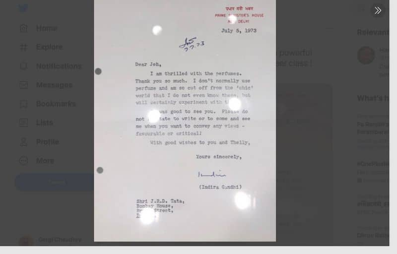 Indira Gandhi JRD Tata letter Harsh Goenka Twitter gcw