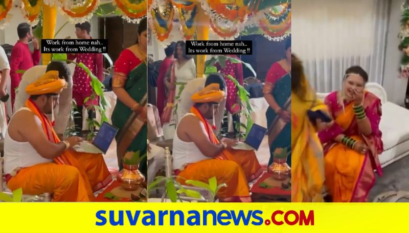 Groom sitting in mandap opens laptop to finish work bride has a hearty laugh dpl