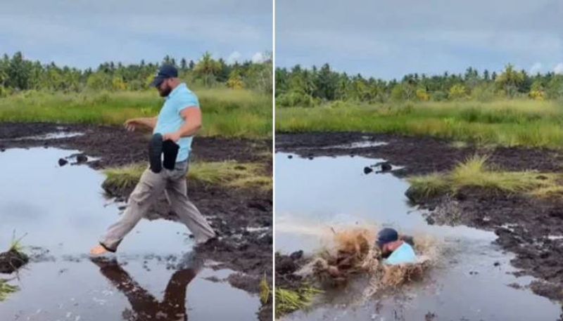 Husband fell down in muddy water wife laughs video