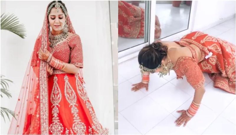 Woman in bridal lehenga does push ups in viral video