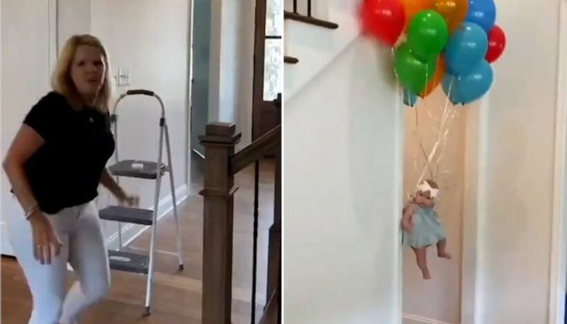 Woman gasps after watching baby in air with balloons; watch video to know what happened next