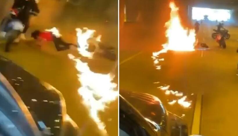 Watch: Motorcycle riders perform stunts on mid road in US; ends up burning their bikes