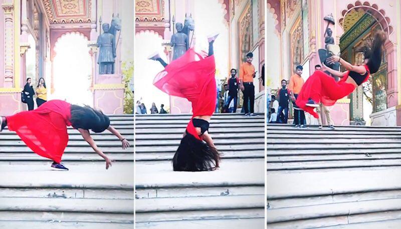 Woman from Rajasthan's Jaipur does backflips wearing a saree; leaves netizens amazed-tgy