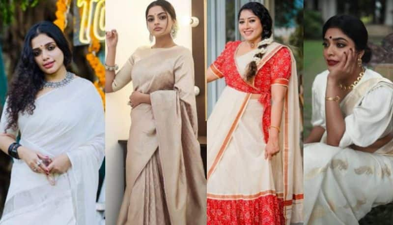 malayalam female actors in onam special outfit