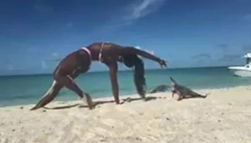 Iguana Chomped down On woman s finger when she doing Yoga