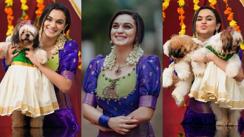 anchor lakshmi nakshatra shared onam special photoshoot with her little puppies