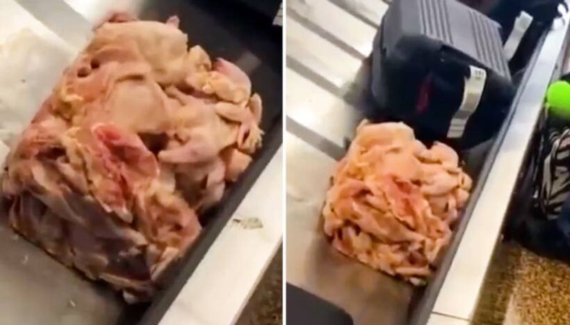 Heap of raw chicken on airport luggage carousel leaves netizens  sickened; watch the video
