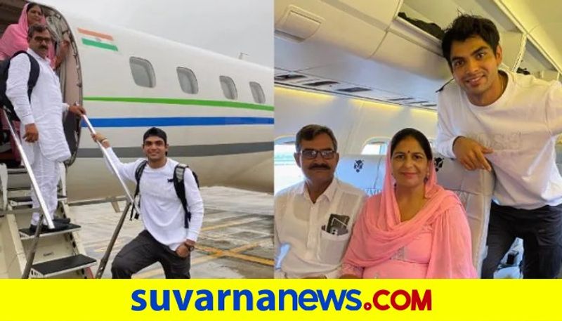 Olympic gold medallist Javelin Thrower Neeraj Chopra dream comes true as he takes parents on their 1st flight kvn