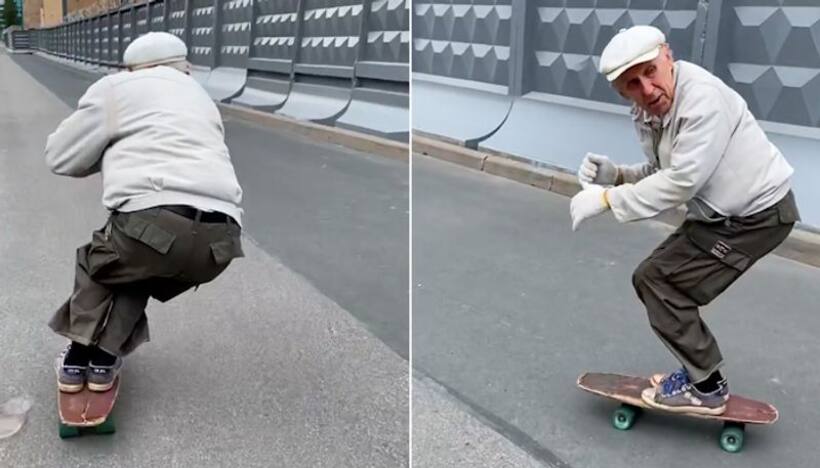 73 year old man rushes through streets on his skateboard like a pro; watch the video