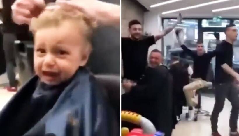 Barbers sing together to calm down little kid on his first haircut; wins hearts