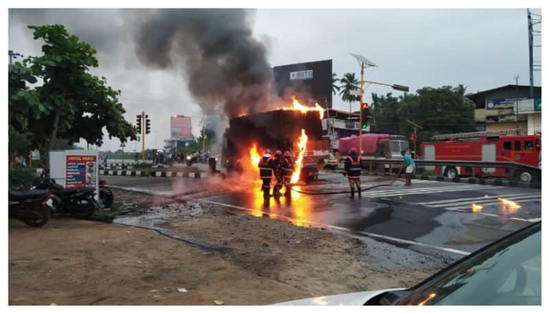 lorry catches fire on chennai kolkata national high way in krishna district