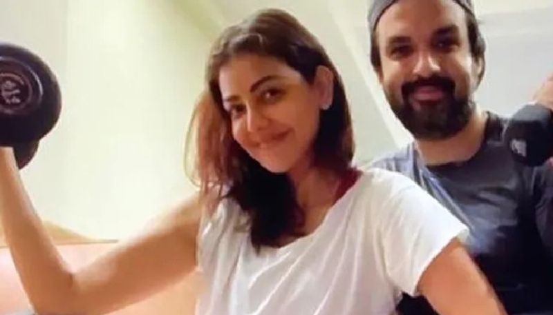 kajal aggarwal and husband gautam with workout photo