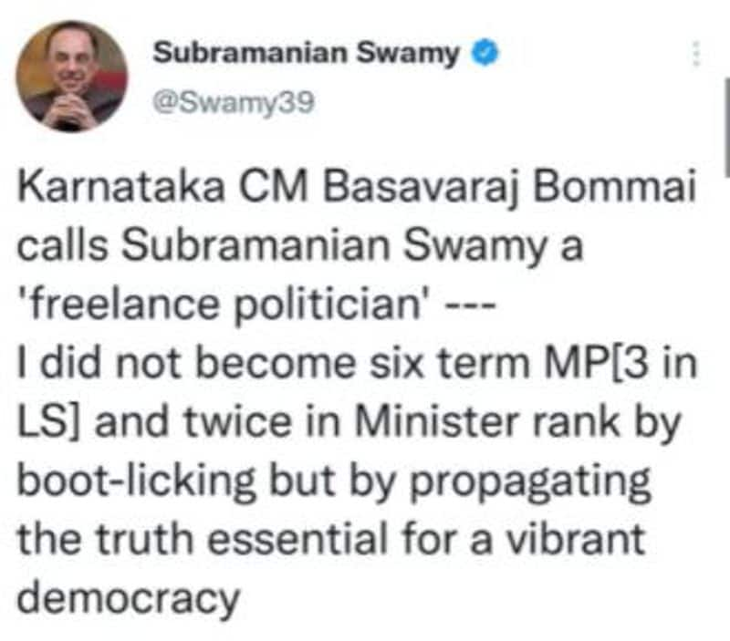 MP Subramanian Swamy Hits Back CM Basavaraj Bommai over freelance politician Statement mah