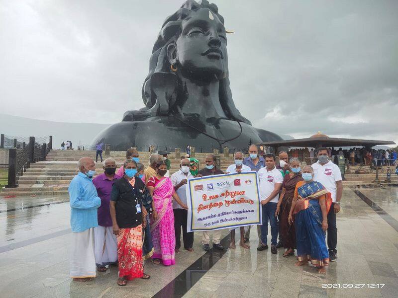 unsupported old age people worship adiyogi on world tourism day