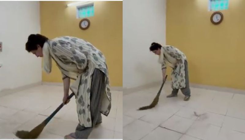 Priyanka Gandhi cleans the room where up police detained her