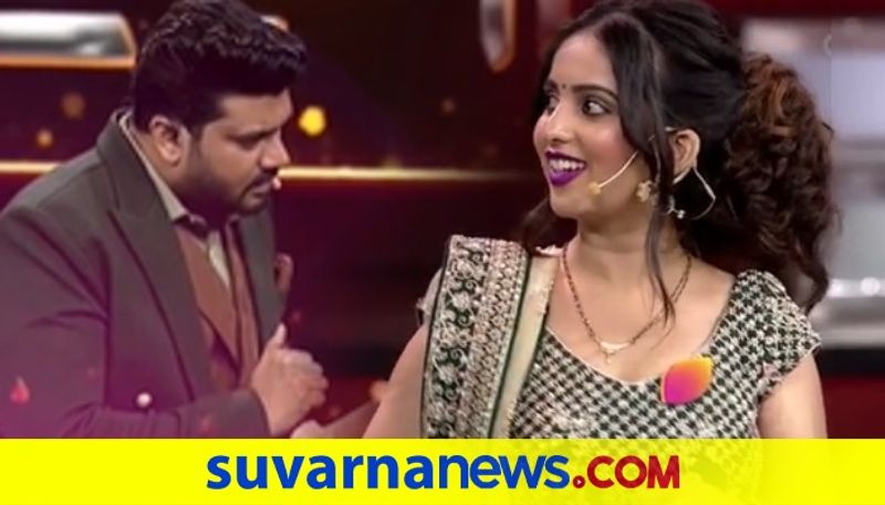 Niveditha Gowda funny reactions to Srujan Lokesh at Colors Kannada Anubandha awards Function stage dpl