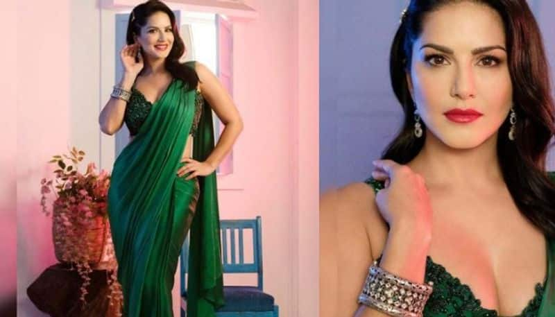 sunny leone in emerald green satin saree pics viral