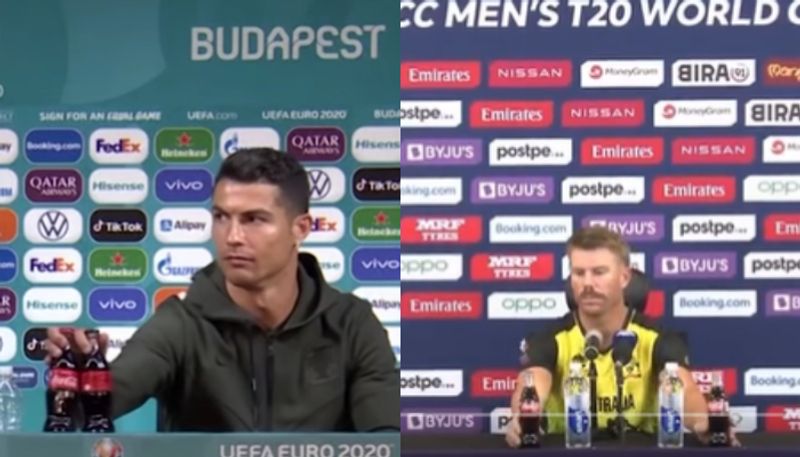 T20 World Cup 2021: Warner mocks Ronaldo, tries removing Coca Cola bottles during press conference (WATCH)-ayh