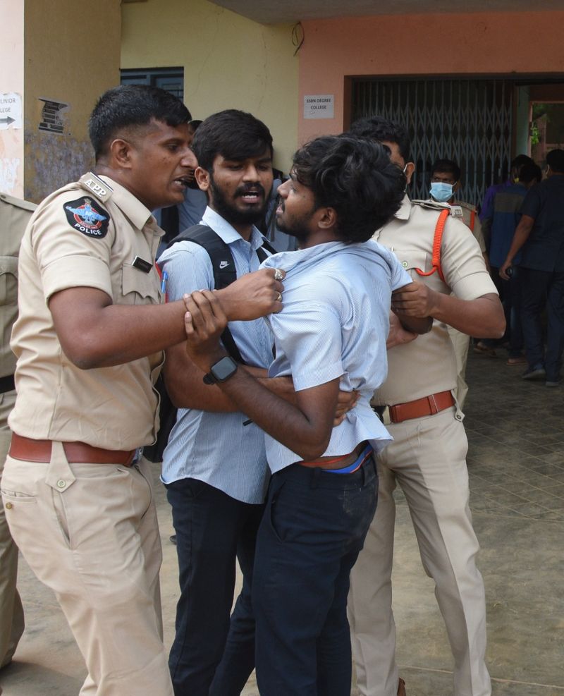 Tension prevails after Student leaders protest at Minister Suresh Press meet hall in Amaravati