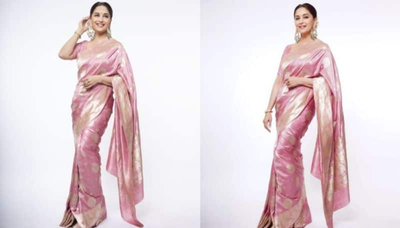 madhuri dixit wore pink silk saree pics viral