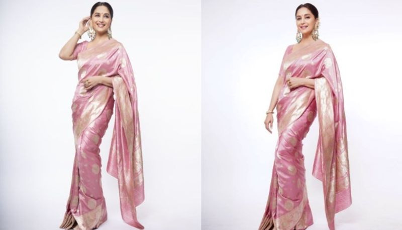 madhuri dixit wore pink silk saree pics viral