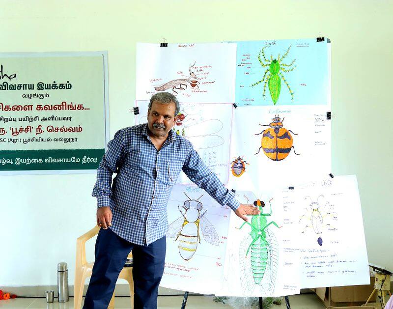 isha conducted agricultural field training on pest management entomologist Mr Selvam conducted