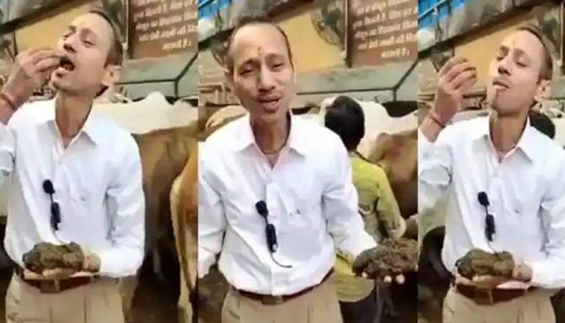 man who claims himself as a doctor eats cow dung and explains its health benefits