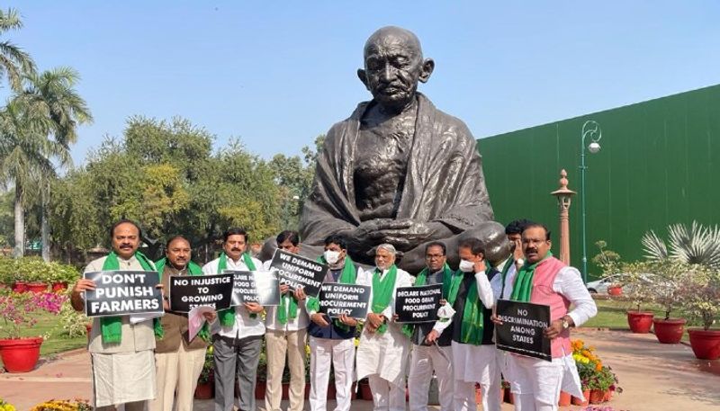 TRS mps protest in parliament gandhi statue over paddy procurement in telangana