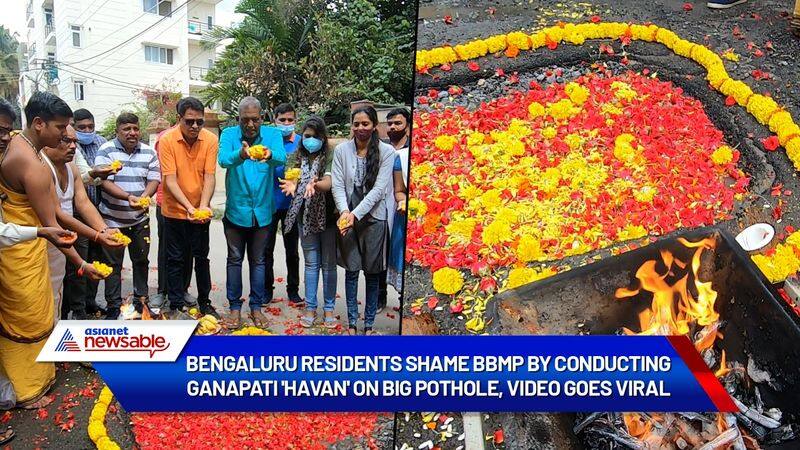 Bengaluru residents shame BBMP by conducting Ganapati 'havan' on big pothole, video goes viral-ycb