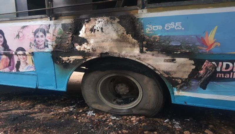 TSRTC Bus Fired by unknown Persons in mulugu district