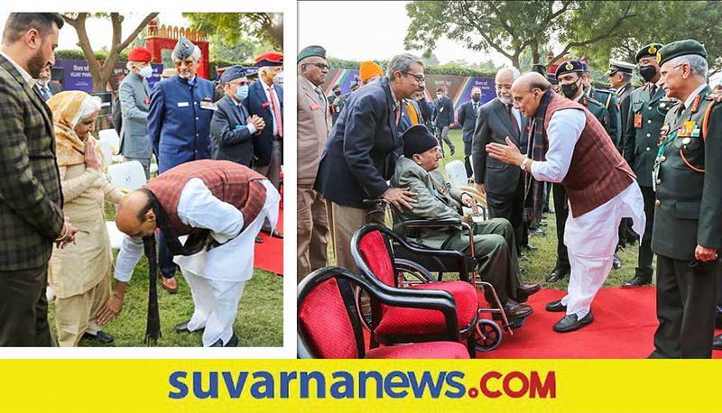 Defence Minister rajnath singh wins praise as he touches feet of 1971 war veterans wife