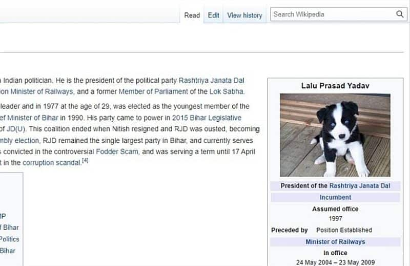 Someone tampered with Lalu Yadav's Wikipedia page, replaced his photo with that of a dog