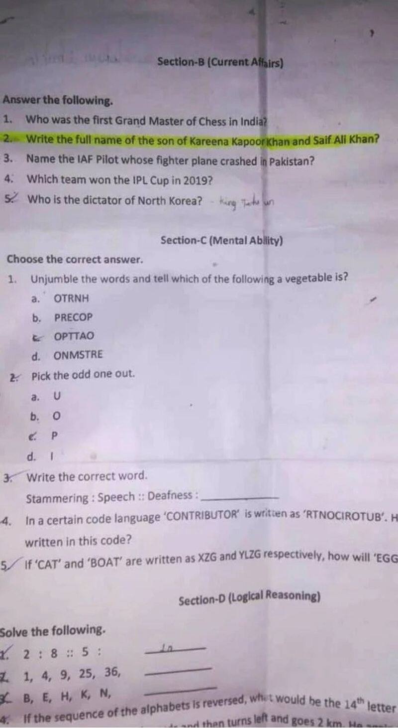 Class 6 GK question paper asks name of Saif Kareenas son Taimur full name mnj