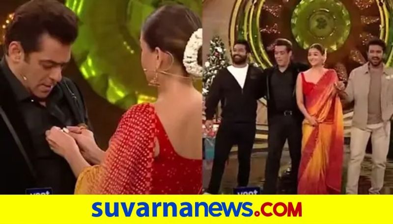 Alia Bhatt helps button up Salman Khan shirt as he pops it open while dancing with Jr NTR Ram Charan dpl